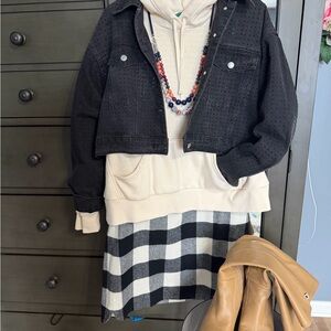 Black Denim Jacket with Cream Hoodie and Plaid Skirt